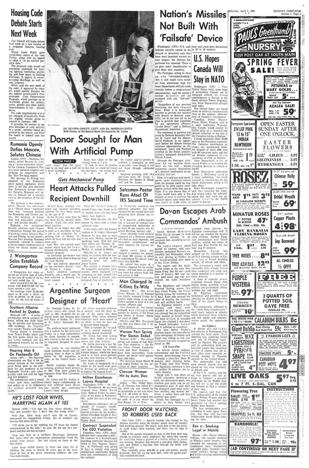 Houston Chronicle inside page (HISTORIC) Â?– April 5, 1969 - section 1, page 4. Donor Sought for Man With Artificial Pump (Haskell Karp)