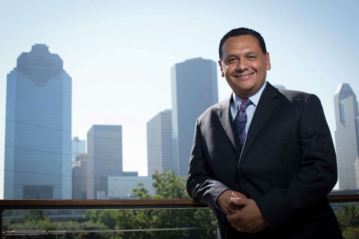 Former three-term District H city councilman Ed Gonzalez stands with the Houston downtown skyline by the Buffalo Bayou, Wednesday, Sept. 21, 2016. Gonzalez is a Democrat running for Harris County Sheriff. ( Marie D. De Jesus / Houston Chronicle )
