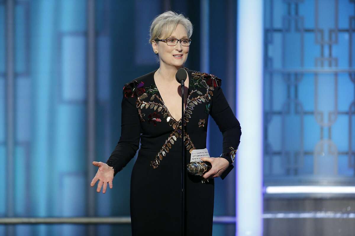 This image released by NBC shows Meryl Streep accepting the Cecil B. DeMille Award at the 74th Annual Golden Globe Awards at the Beverly Hilton Hotel in Beverly Hills, Calif., on Sunday, Jan. 8, 2017. (Paul Drinkwater/NBC via AP)