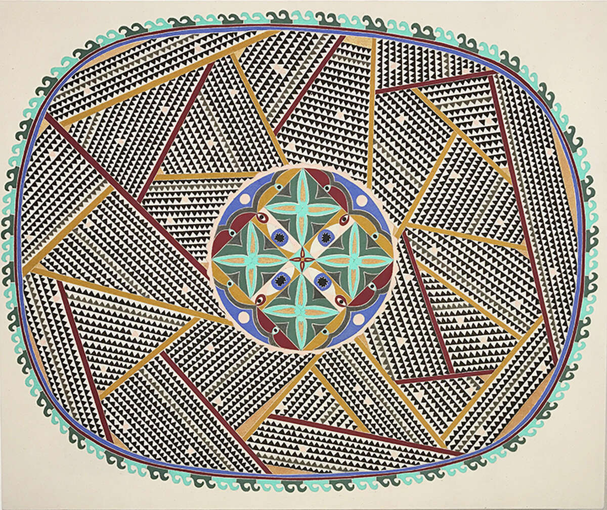 "Green Center Shield" is among the paintings in Catherine Colangelo's solo show "Talismanic," on view at Cindy Lisica Gallery through Feb. 4.