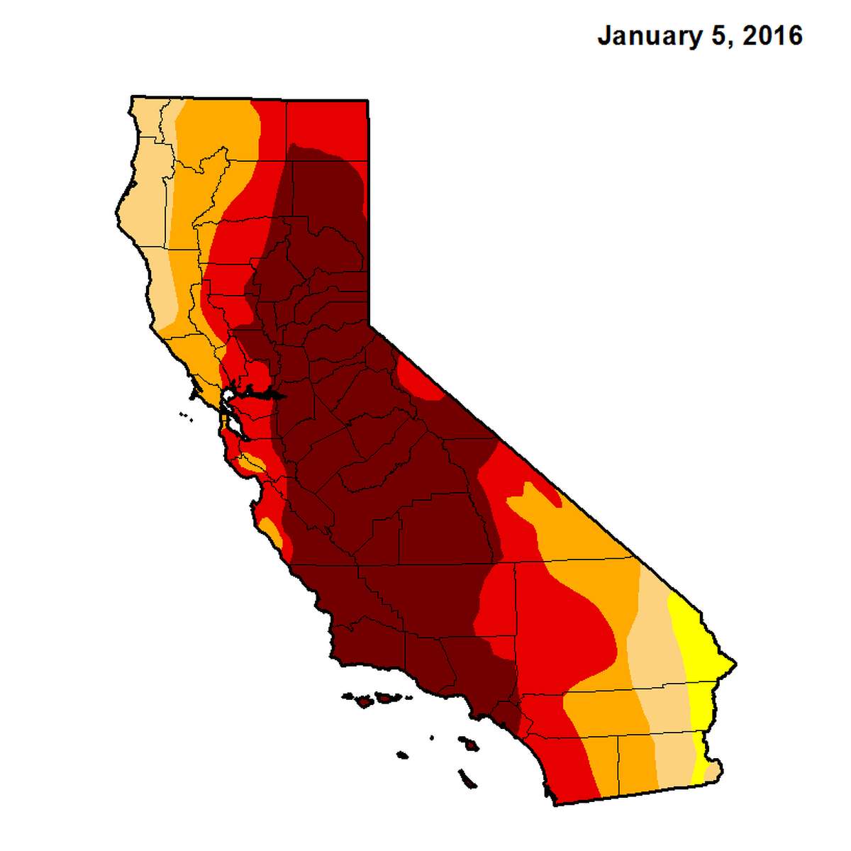 The California Drought monitor map showed a state mired with drought from the north to the south on Jan. 5, 2016.