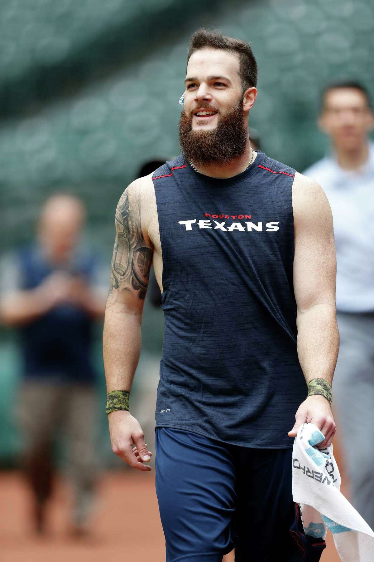 Pitcher Dallas Keuchel walks out to the field as several of the Houston Astros worked out together at Minute Maid Park, Tuesday, January 10, 2017.