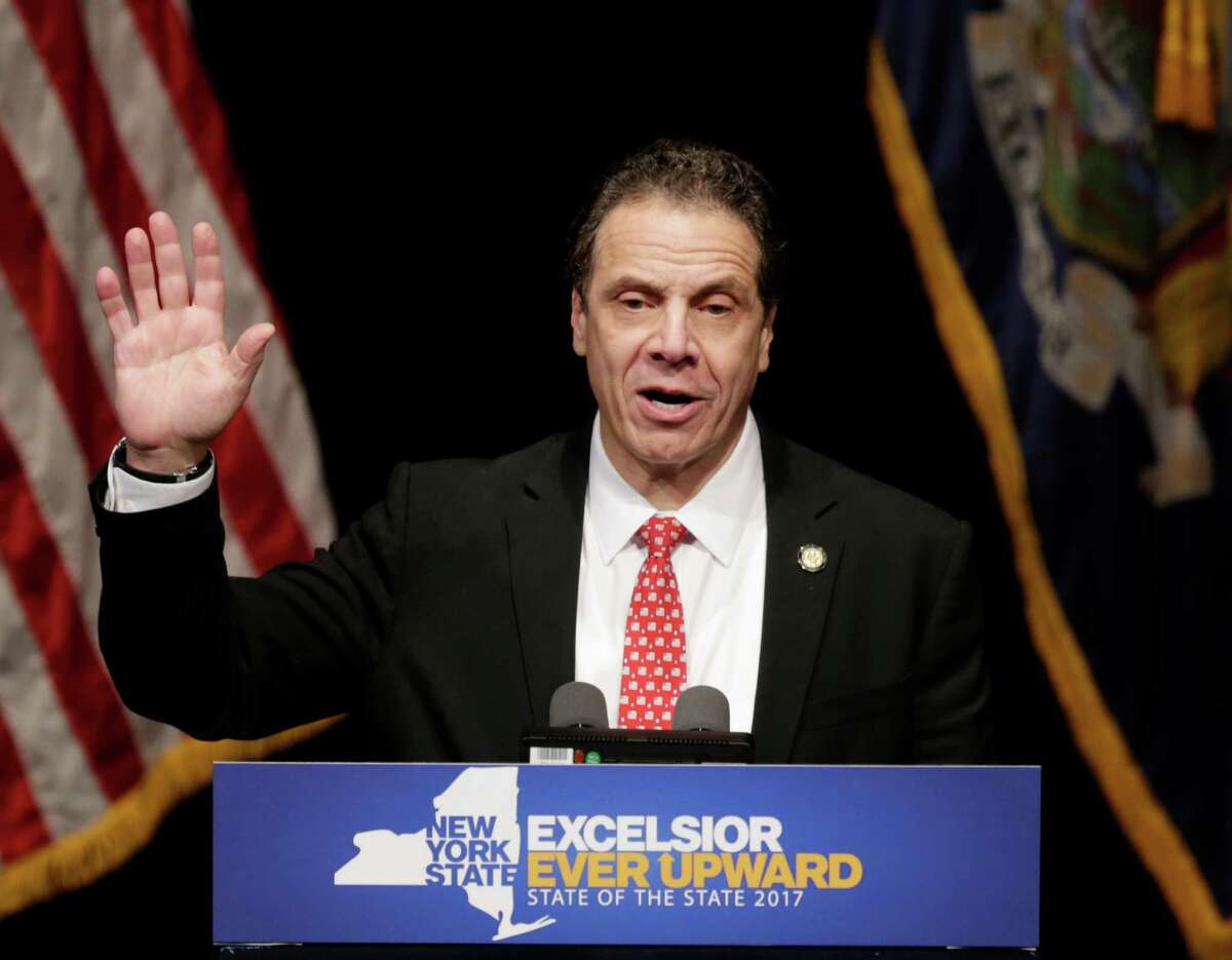 New York Gov. Andrew Cuomo delivers one of his state of the state addresses at SUNY Purchase in Purchase, N.Y., Tuesday, Jan. 10, 2017. (AP Photo/Seth Wenig)