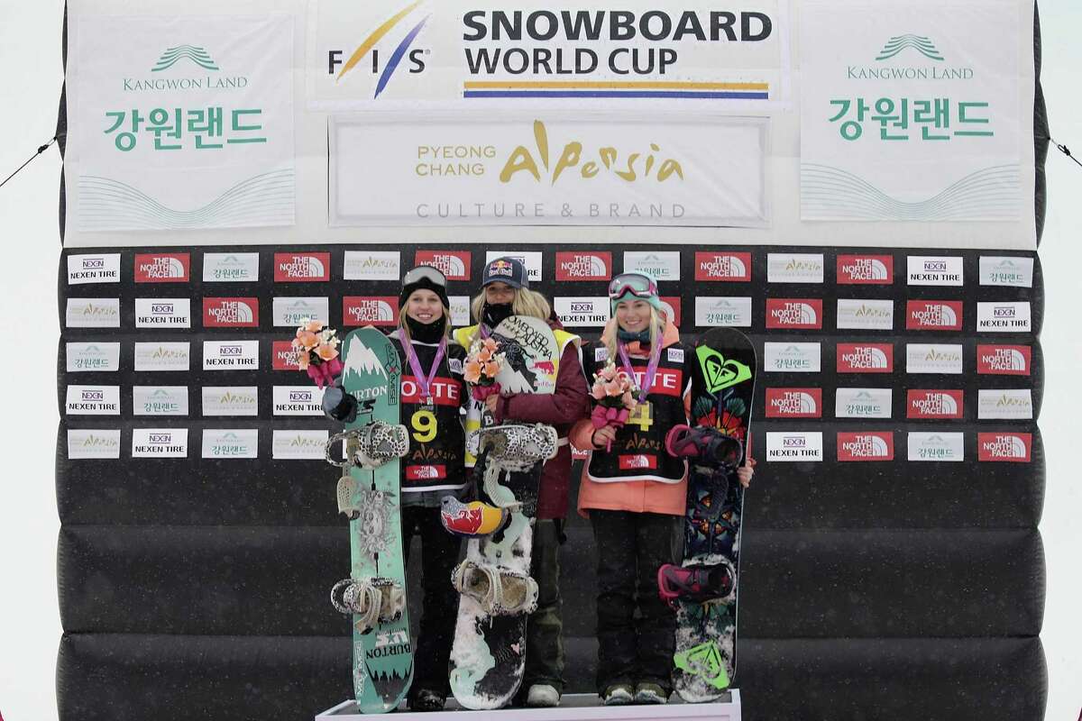 PYEONGCHANG-GUN, SOUTH KOREA - NOVEMBER 26: Julia Marino of USA takes 2nd place, Anna Gasser of Austria takes 1st place, Katie Ormerod of Great Britain takes 3rd place during Ladies BA Finals the FIS Snowboard World Cup 2016/17 at Alpensia Ski Jumping Center on November 26, 2016 in Pyeongchang-gun, South Korea. (Photo by Han Myung-Gu/Getty Images)