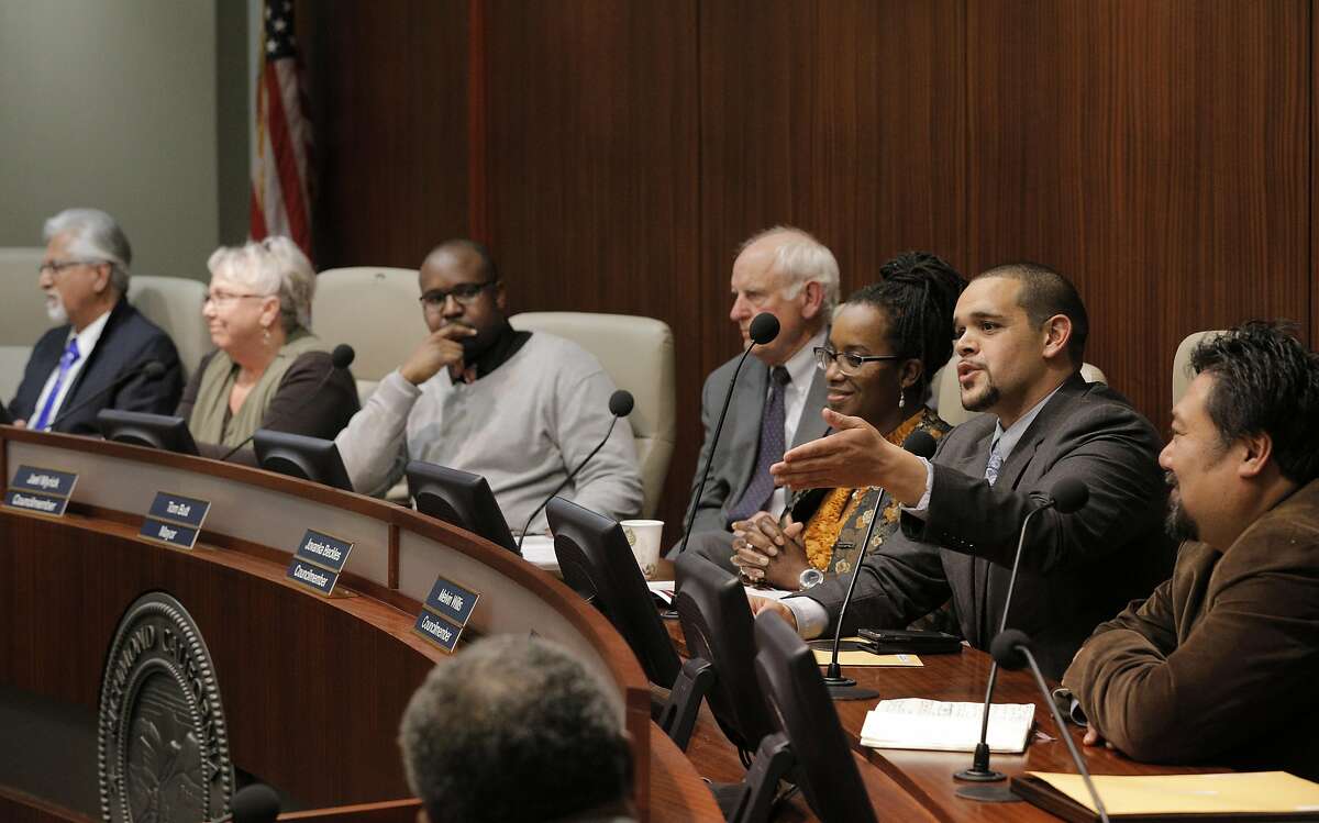 Richmond City Councilmember Melvin Willis speaks to the crowd after he was sworn in in the city council chambers in Richmond, Calif., on Tuesday, January 10, 2017. The Richmond Progressive Alliance now has a super majority on the Richmond City Council. Leading the way in the November election was Melvin Willis, a 26-year-old community organizer who received the most votes in the November election. He was able to unseat longtime Richmond council member Nat Bates.
