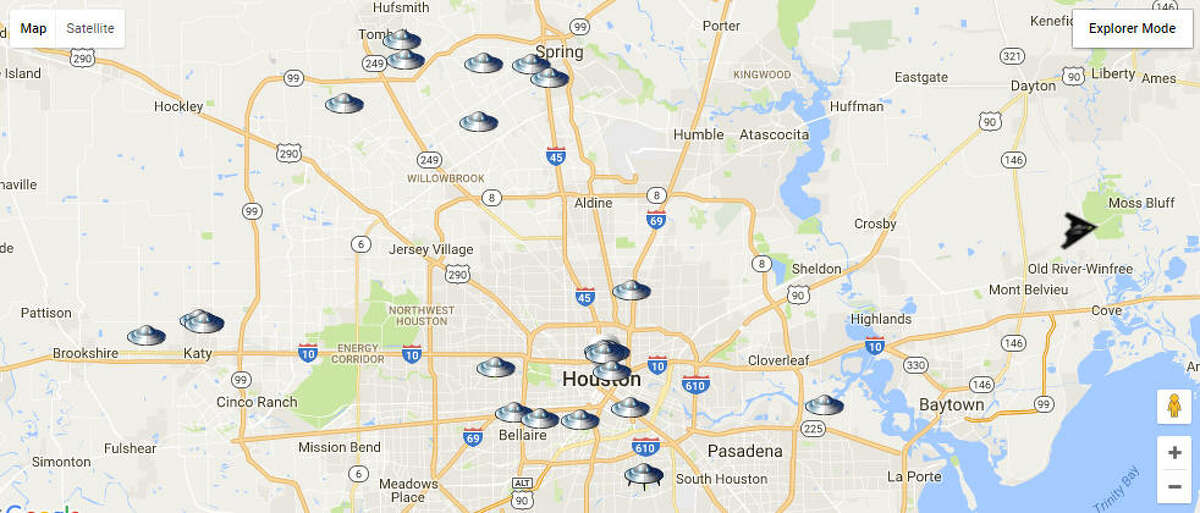 Website UFO Stalker offers a reporting platform for people who've seen UFOs in their neighborhood. For Houston, the Katy Freeway east of downtown, the Galleria area, downtown, Bellaire and among others are the highest reported locations for the city. Continue clicking to see recent UFO sightings throughout Texas.