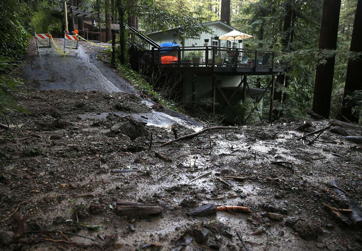 Debris flow: A geological phenomenon when water rushes down a mountainside carrying soil and fragmented rock. These often occur in areas that were recently burned by wildfire, as the ground is loose. In this photo, a mud and debris flow led to the closure of Santa Rosa Avenue in Guerneville, Calif. on Wednesday, Jan. 11, 2017. 