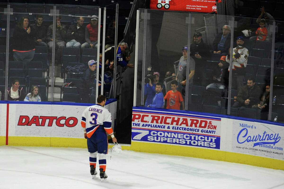 Sound Tigers defenseman Matt Carkner skates off the ice after being ejected for fighting against the Lehigh Valley Phantoms at Webster Bank Arena last April 10. Carkner played 137 games for the Binghamton Senators, most of them 2007-09.