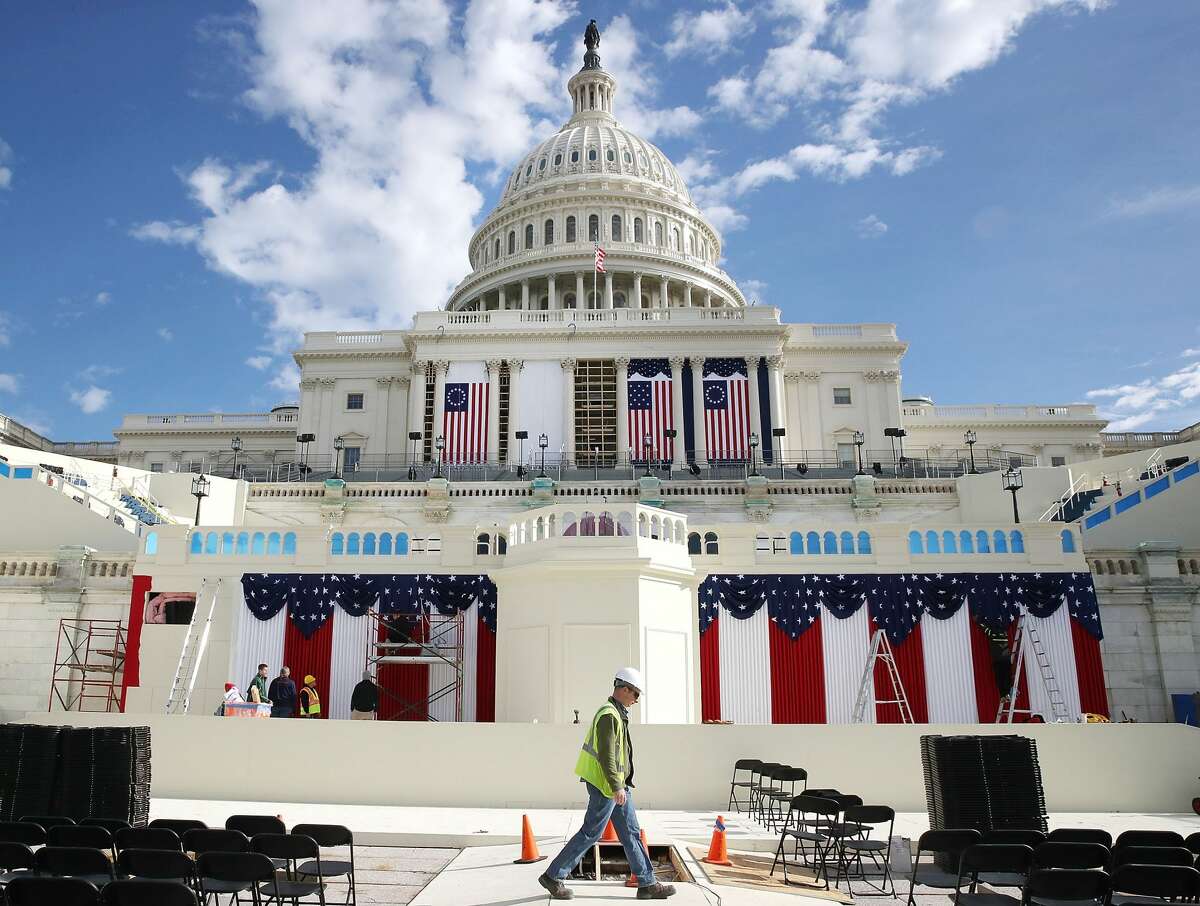 Work is still being performed on the stage ahead of next week inauguration at the U.S. Capitol, on January 13, 2017 in Washington, DC. On January 20, 2017 President elect Donald Trump with be sworn in as the nations 45th president. (Photo by Mark Wilson/Getty Images)