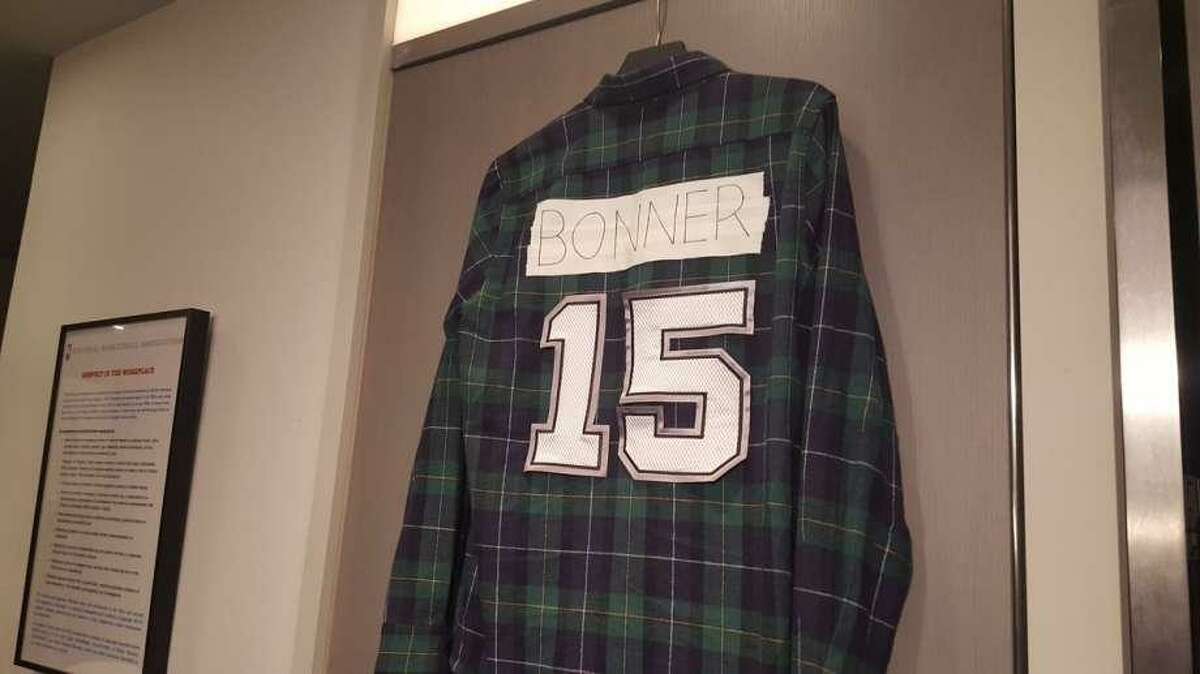 In a low-key ceremony held without fanfare, the Spurs “retired” Matt Bonner’s No. 15 after the win over the Lakers on Jan. 12, 2017. Hanging in Bonner’s old stall when the locker room opened to reporters was a plaid flannel shirt — presumably straight out of the Bonner collection — with his number stitched to the back. For the finishing touch, someone had added a strip of athletic tape with the name “Bonner” scrawled across it in black marker.