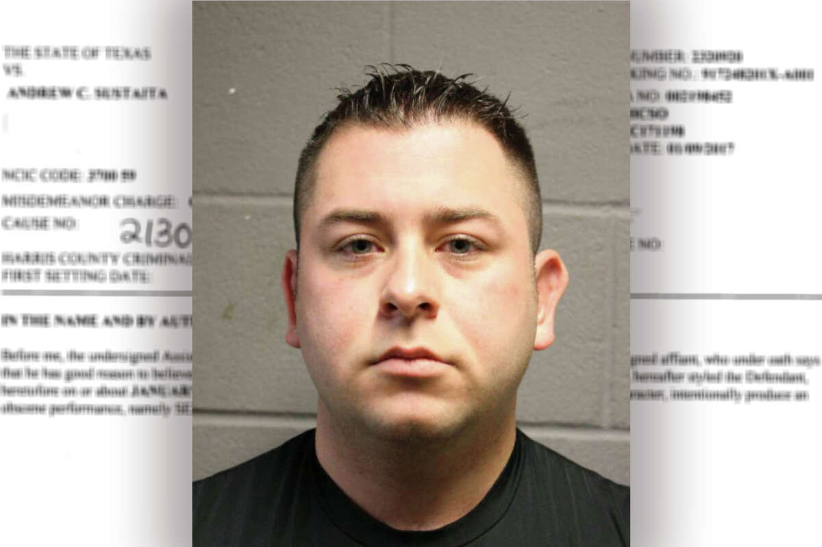 Andrew Sustaita Jr. was relieved of duty from the Harris County Sheriff's Office after allegations related to obscenity. (HCSO/Houston Chronicle composite)