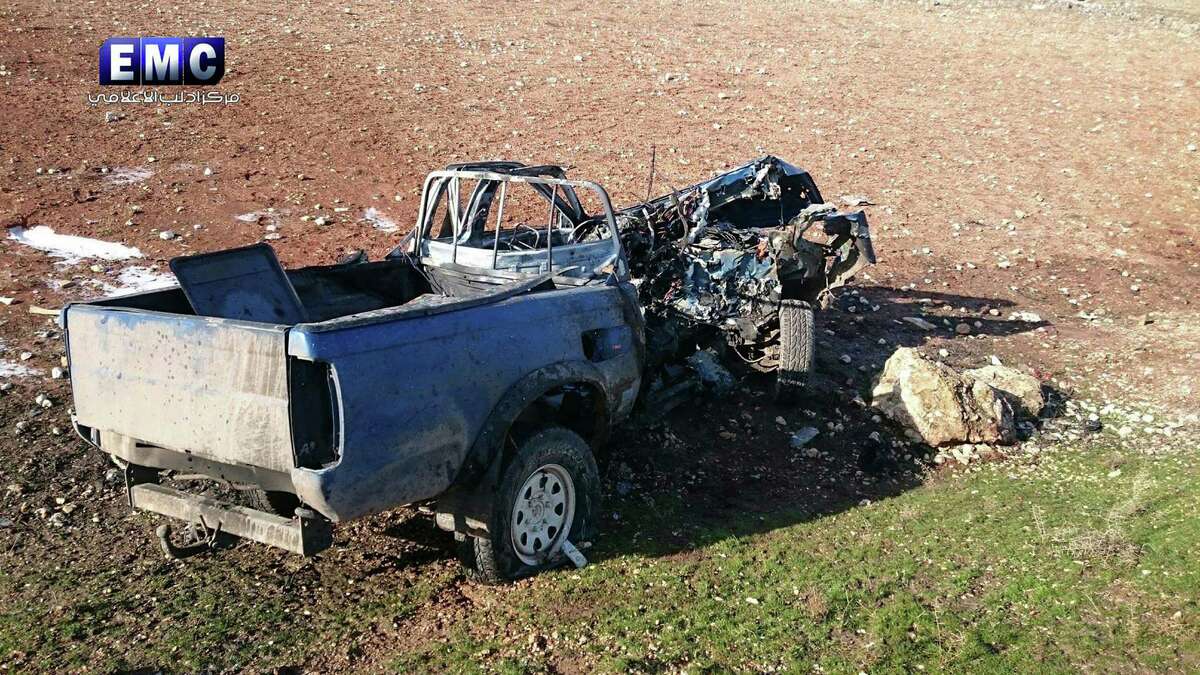 This photo released on Wednesday, Jan. 11, 2017 by the Edlib Media Center, an opposition activist media collective, which has been authenticated based on its contents and other AP reporting, shows a vehicle that was hit an a aerial attack in the northwestern Syrian province of Idlib. Since Jan. 1, a wave of airstrikes have killed nearly three-dozen members of Fatah al-Sham Front and commanders of groups allied with the international terror network. The U.S. is targeting senior commanders of al-QaidaÂ?’s affiliate in Syria at an unprecedented rate in northern Syria, killing nearly three dozen members of the group and militants allied with the international terror network since the beginning of the year. BC-Syria-Targeting al-Qaida. (Edlib Media Center via AP)
