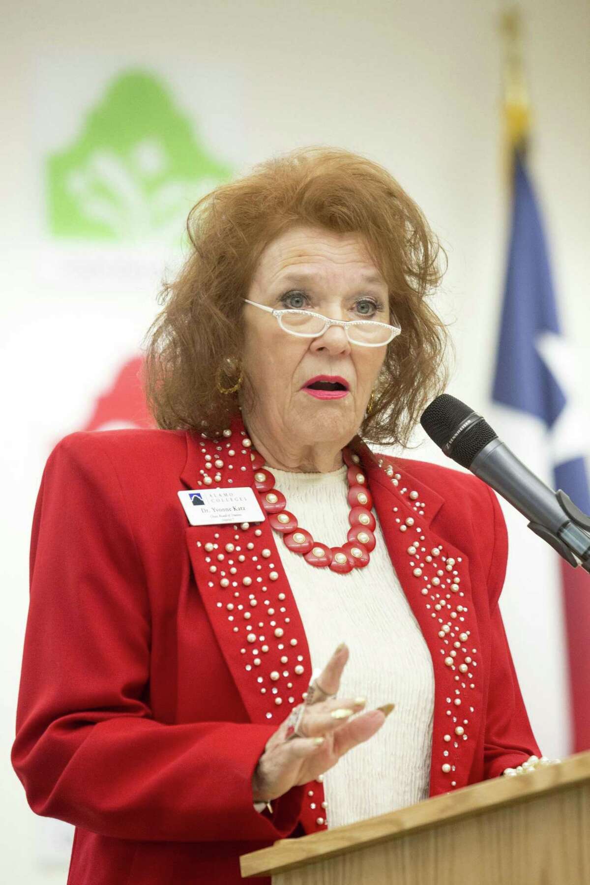 Yvonne Katz, the Alamo Colleges board chairwoman, speaks at a press conference a year ago. The board could vote on a new chancellor for the community college district as early as Thursday. Ray Whitehouse / for the San Antonio Express-News