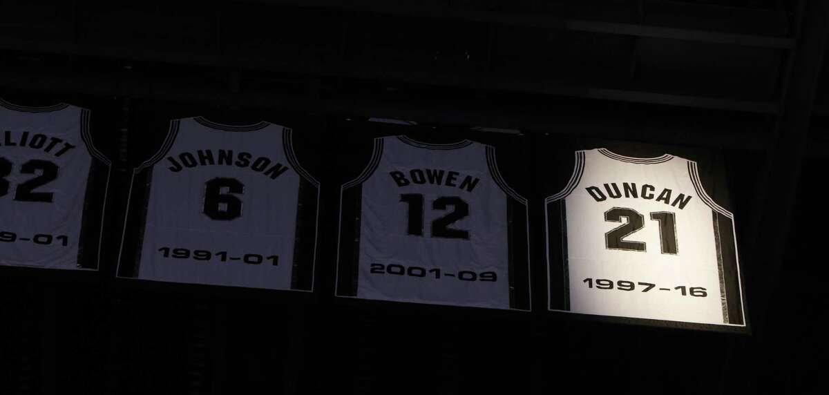 The jersey number of San Antonio Spurs' Tim Duncan is retired at AT&T Center on December 18, 2016 in San Antonio, Texas. H-E-B is hammering out their partnership with the retired power forward, but Duncan is slated to appear in at least three commercials this year.
