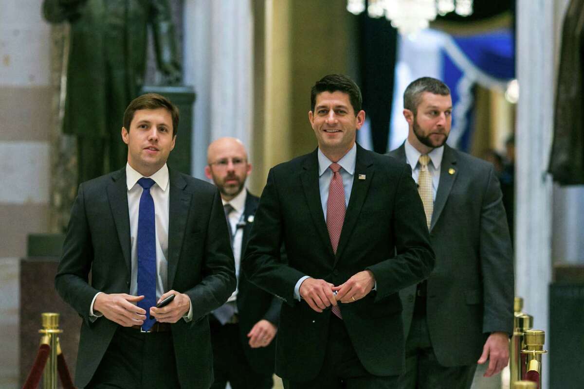 House Speaker Paul Ryan (R-Wis.) walks through Statuary Hall toward the House floor for a vote, at the Capitol building in Washington, Jan. 13, 2017. The House joined the Senate on Friday in moving speedily to repeal the Affordable Care Act, approving the Senate budget blueprint that would allow Republicans to act without the prospect of a filibuster. (Al Drago/The New York Times)
