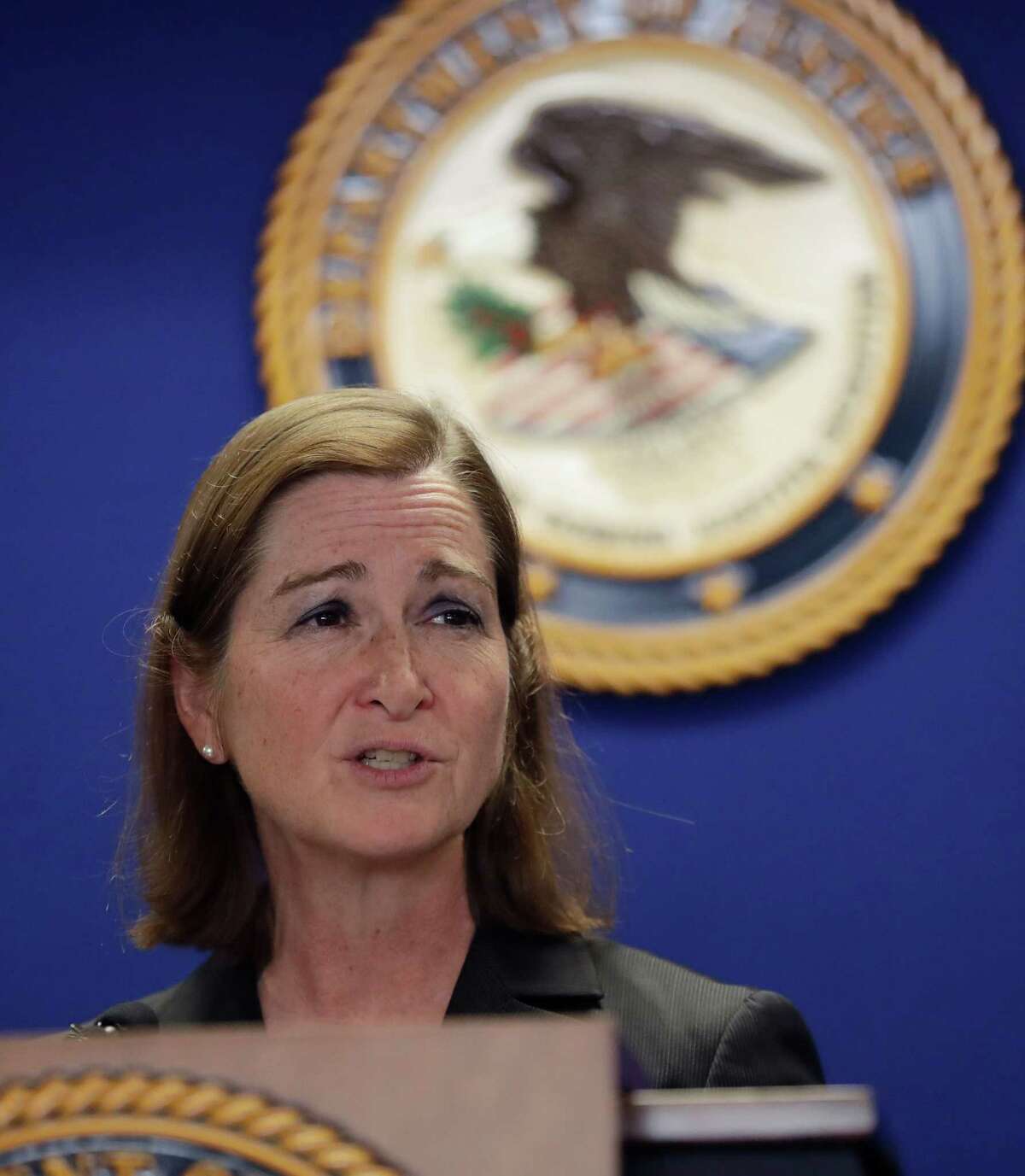 U.S. Attorney Barbara McQuade of the Eastern District of Michigan addresses the media, Friday, Jan. 13, 2017, in Detroit. McQuade announced that Takata Corp. has agreed to plead guilty to a single criminal charge and will pay $1 billion in fines and restitution for a years-long scheme to conceal a deadly defect in its automotive air bag inflators. (AP Photo/Carlos Osorio)