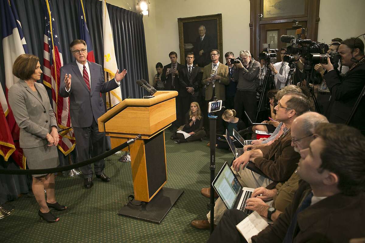 Texas Lt. Gov. Dan Patrick and Senator Lois Kolkhorst introduced Senate Bill 6 known as the Texas Privacy Act, which provides solutions to the federal mandate of transgender bathrooms, showers and dressing rooms in all Texas schools. The two legislators answer questions from a press availability Thursday, Jan. 5, 2017, in the Senate Conference room at the State Capitol in Austin, Texas. (Ralph Barrera/Austin American-Statesman via AP)