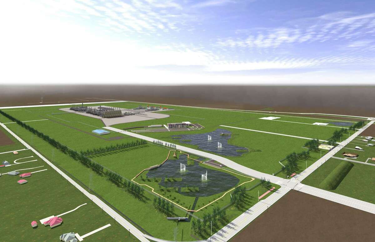 Shown is a rendering of the proposed ethane steam cracker Exxon and SABIC are eyeing for a 1,400-acre plot of land in San Patricio County. This view is from the southeast corner of the property, the part that is closest to Gregory-Portland ISD’s high school.
