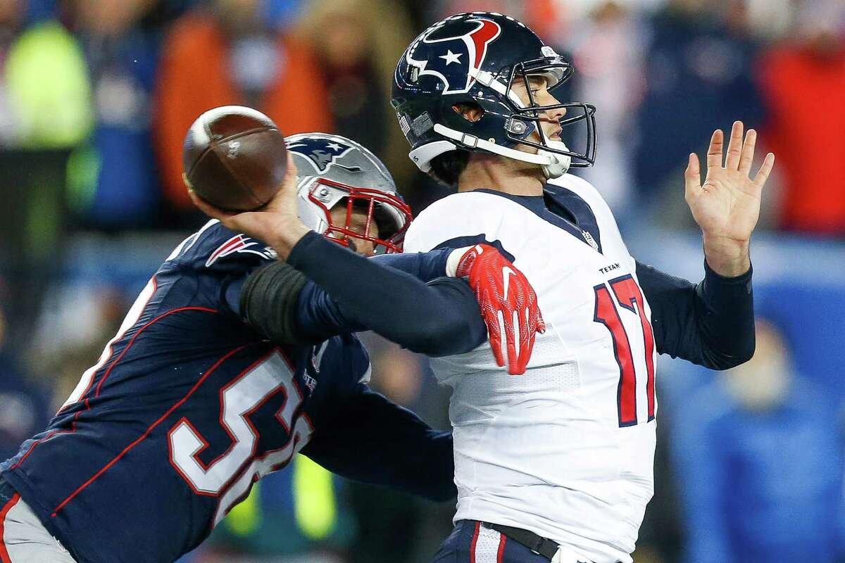 New England Patriots outside linebacker Shea McClellin (58) forces an incomplete pass by Houston Texans quarterback Brock Osweiler (17) during the third quarter of an AFC Divisional Playoff game at Gillette Stadium on Saturday, Jan. 14, 2017, in Foxborough.