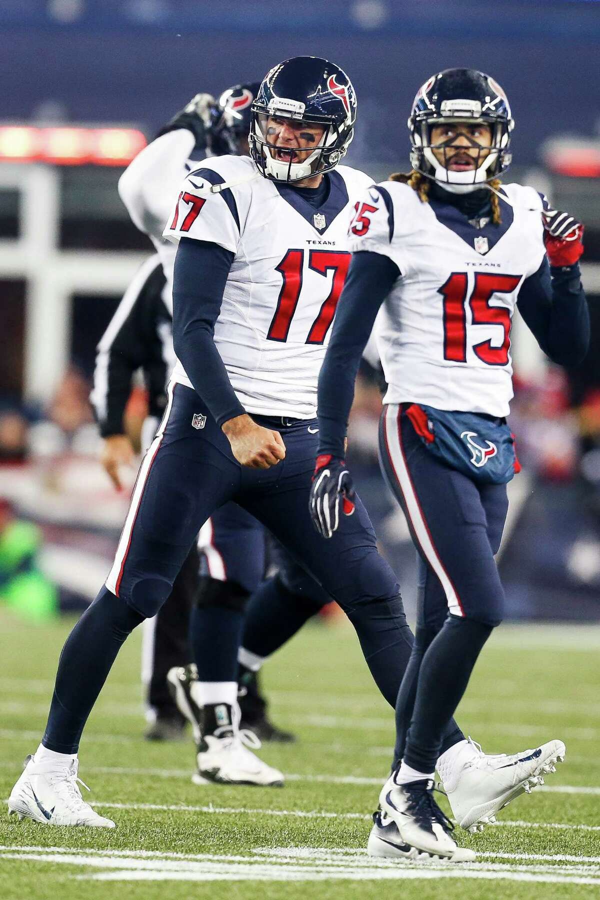 Texans quarterback Brock Osweiler yells as he walks off the field following an interception during the fourth quarter of the AFC Divisional Playoff game at Gillette Stadium on Saturday night.