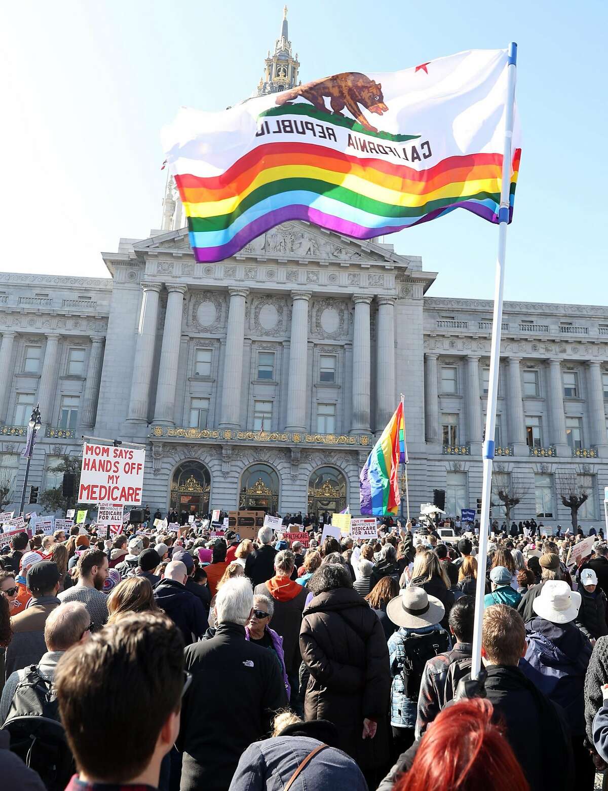 Thousands attend Our First Stand Rally on steps of City Hall in San Francisco, Calif., on Sunday, January 15, 2017.