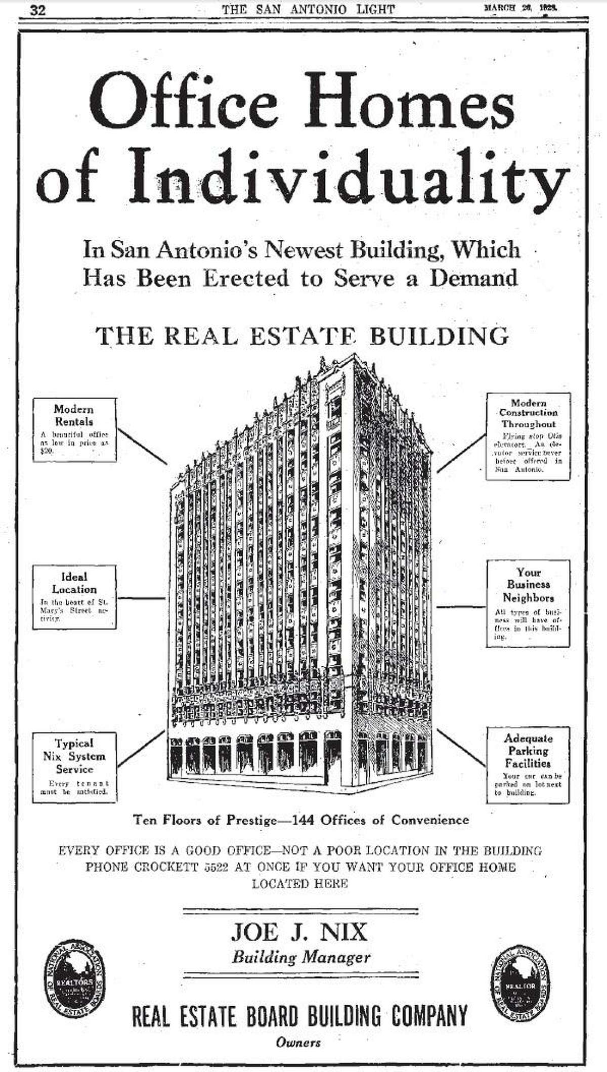 A newspaper clipping shows the appearance of the building’s original exterior, which dates to 1928 and was covered with a facade in 1963.