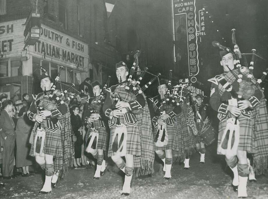February 22, 1953: 6th Army Pipers Band performs at the San Francisco Chinese New Year Parade. Photo: Joe Rosenthal / The Chronicle 1953