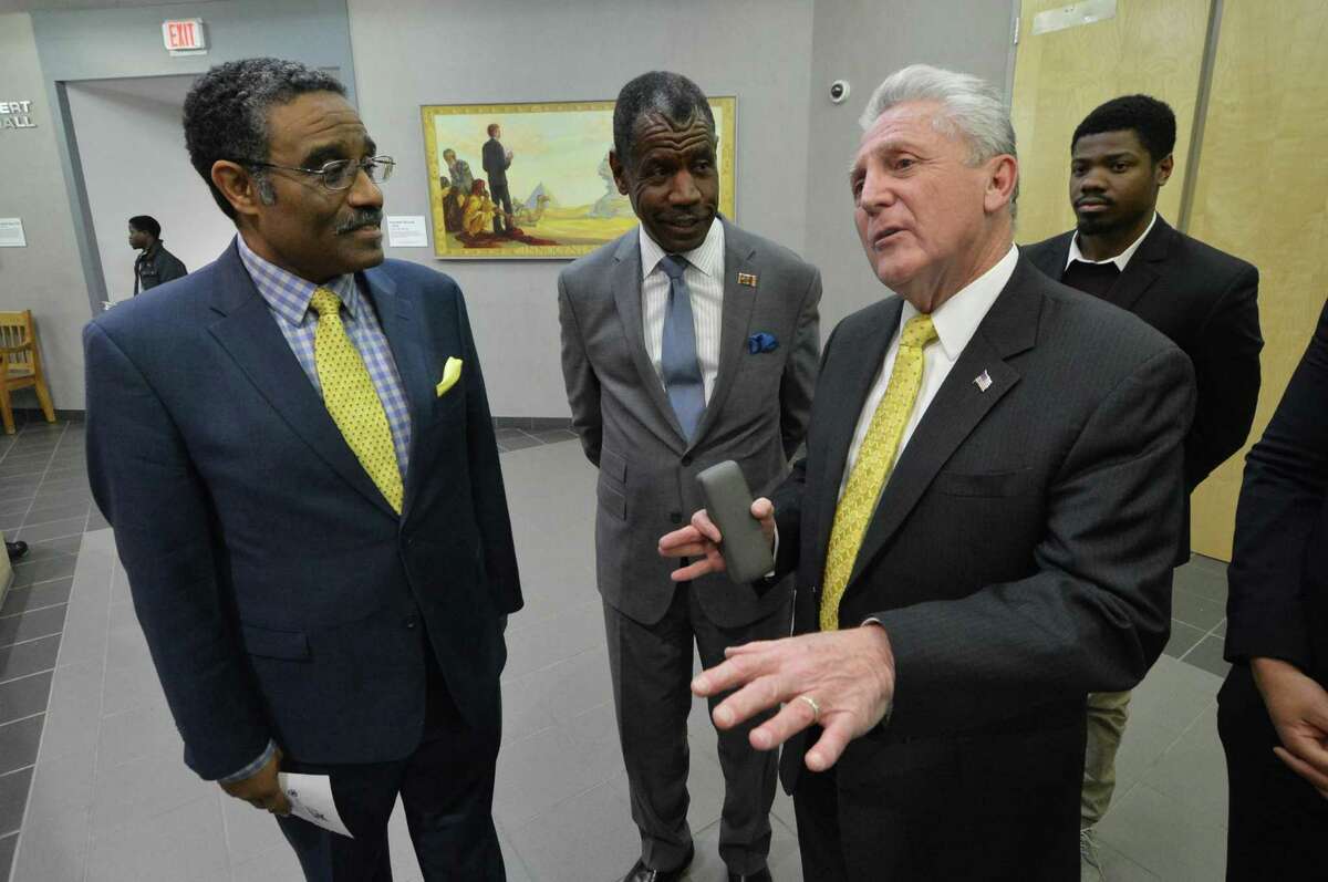 Norwalk Mayor Harry Rilling, Bruce Morris D-Conn and Shiloh Baptist Church Rev. Carl McCluster announce the Martin Luther King Jr. Corridors Initaitve on Monday January 16, 2017 in Norwalk Conn. The goal is to establish a documented snapshot of the current circumstance of the King Corridors in Connecticut and then use that information and knowledge as a tool to identify, target, and align new investment and strategic redevelopment opportunities in these areas.