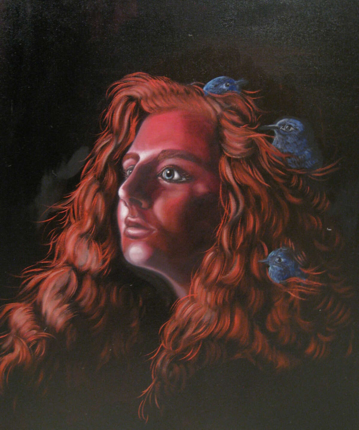A photo of an oil/acrylic portrait painting by Ava Bramblett titled "Cinderella," which won the top award (First Prize) at the Jan, 14 Conroe Art League Student Scholarship art competition.