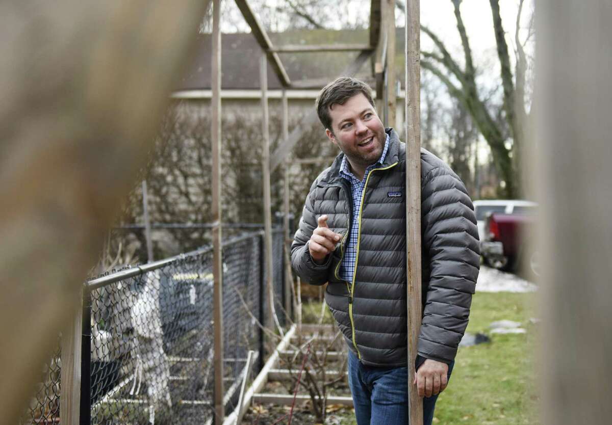 Owner Geoff Lazlo shows the garden next door to Mill Street Bar & Table in the Byram section of Greenwich, Conn., where he grows a variety of produce used in his restaurant, including hops, Thursday, Jan. 12, 2017. Lazlo is trying to get his own brewing operation off the ground and begin selling homemade beer, made with natural ingredients, in his restaurant which specializes in farm-to-table meals.