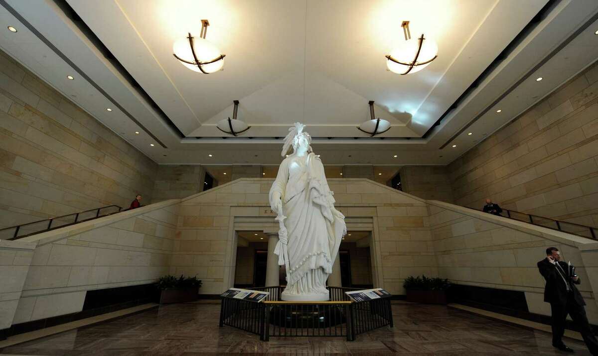 A plaster model of the Statue of Freedom, which was used to cast the Statue of Freedom atop the Capitol Dome, is the centerpiece in Emancipation Hall in the Capitol Visitor Center.