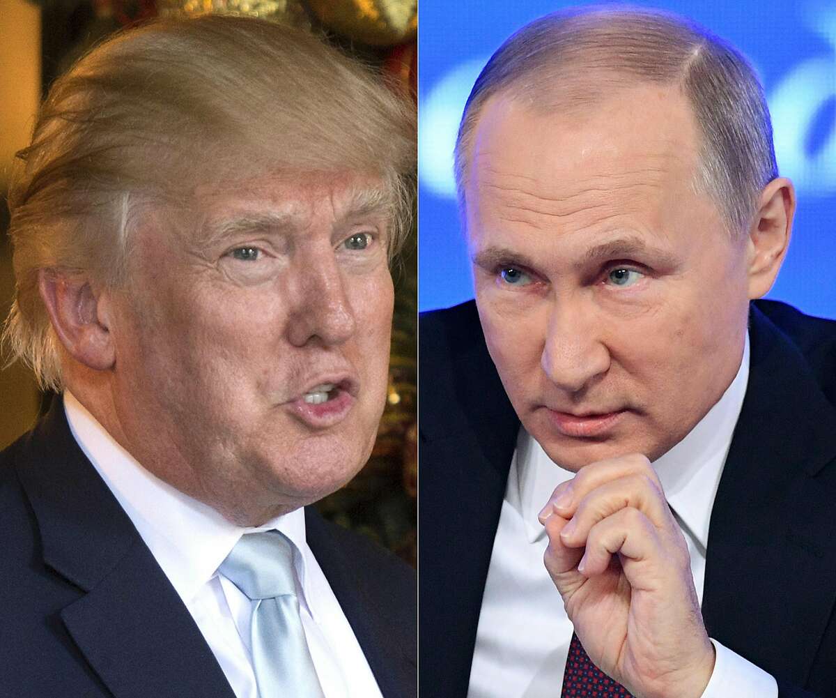 (COMBO) This combination of pictures created on December 30, 2016 shows a file photo taken on December 28, 2016 of US President-elect Donald Trump (L) in Palm Beach, Florida and a file photo taken on December 23, 2016 of Russian President Vladimir Putin speaking in Moscow. US President-elect Donald Trump plans to hold a summit with Russian leader Vladimir Putin on his first foreign trip shortly after taking office, the Sunday Times reported January 15, 2017, though a Trump spokeswoman denied the report as "completely false." Trump would seek to "reset" relations with the Kremlin, with Iceland the likely venue, emulating Ronald Reagan's Reykjavik meeting with Soviet leader Mikhail Gorbachev in 1986 during the Cold War, the British newspaper reported, citing unnamed British officials it said had been informed of the plan. / AFP PHOTO / DON EMMERT AND Natalia KOLESNIKOVADON EMMERT,NATALIA KOLESNIKOVA/AFP/Getty Images