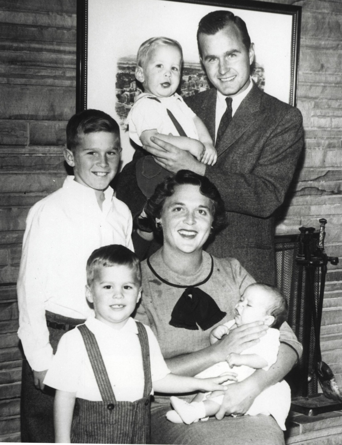 Barbara and George Bush with their children (L-R) Dorothy, Neil, Marvin, Jeb and George. Fact: In 1953, daughter Pauline Robinson Bush passed away at age 3 of leukemia. Their deceased daughter was named after Barbara's mother who passed away in a fatal car accident in 1949.