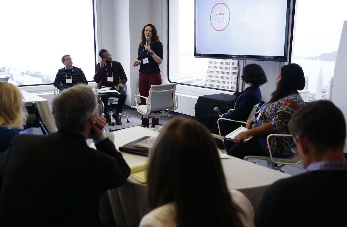 Eri Gentry moderates a panel discussion with young entrepreneurs at a conference for self-employed entrepreneurs and on-demand workers in San Francisco, Calif. on Wednesday, Jan. 18, 2017.