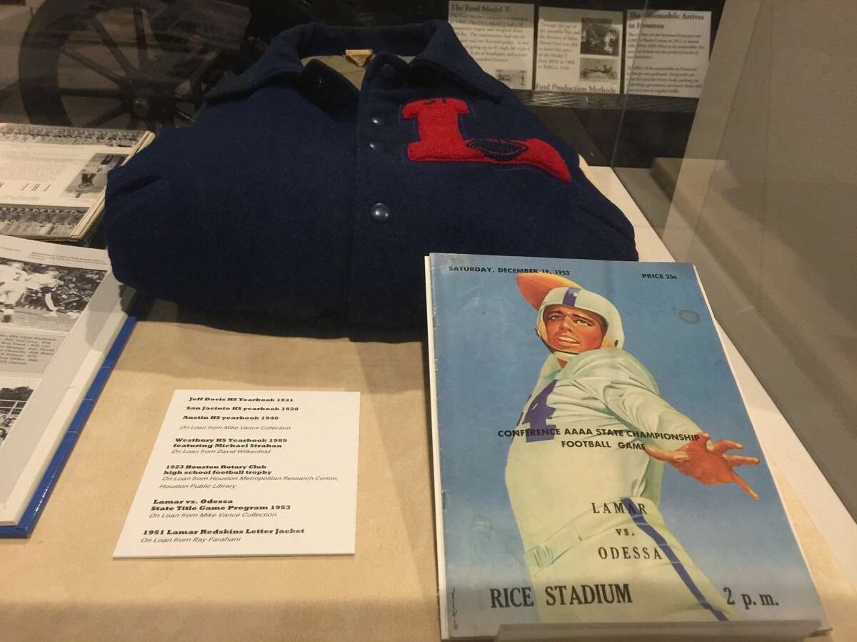 College and high school football memorabilia on display at the Heritage Society.