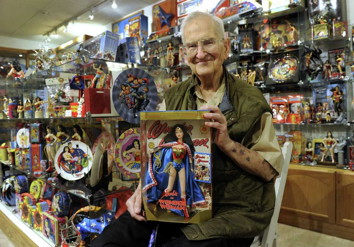 Pete Marston, 84, has created a museum in his home with his extensive collection of Wonder Woman items. His father William Moulton Marston, created Wonder Woman, which was first published by DC Comics. Marston and his collection are photographed in his Bethel, Conn. home Friday, May 2, 2014.