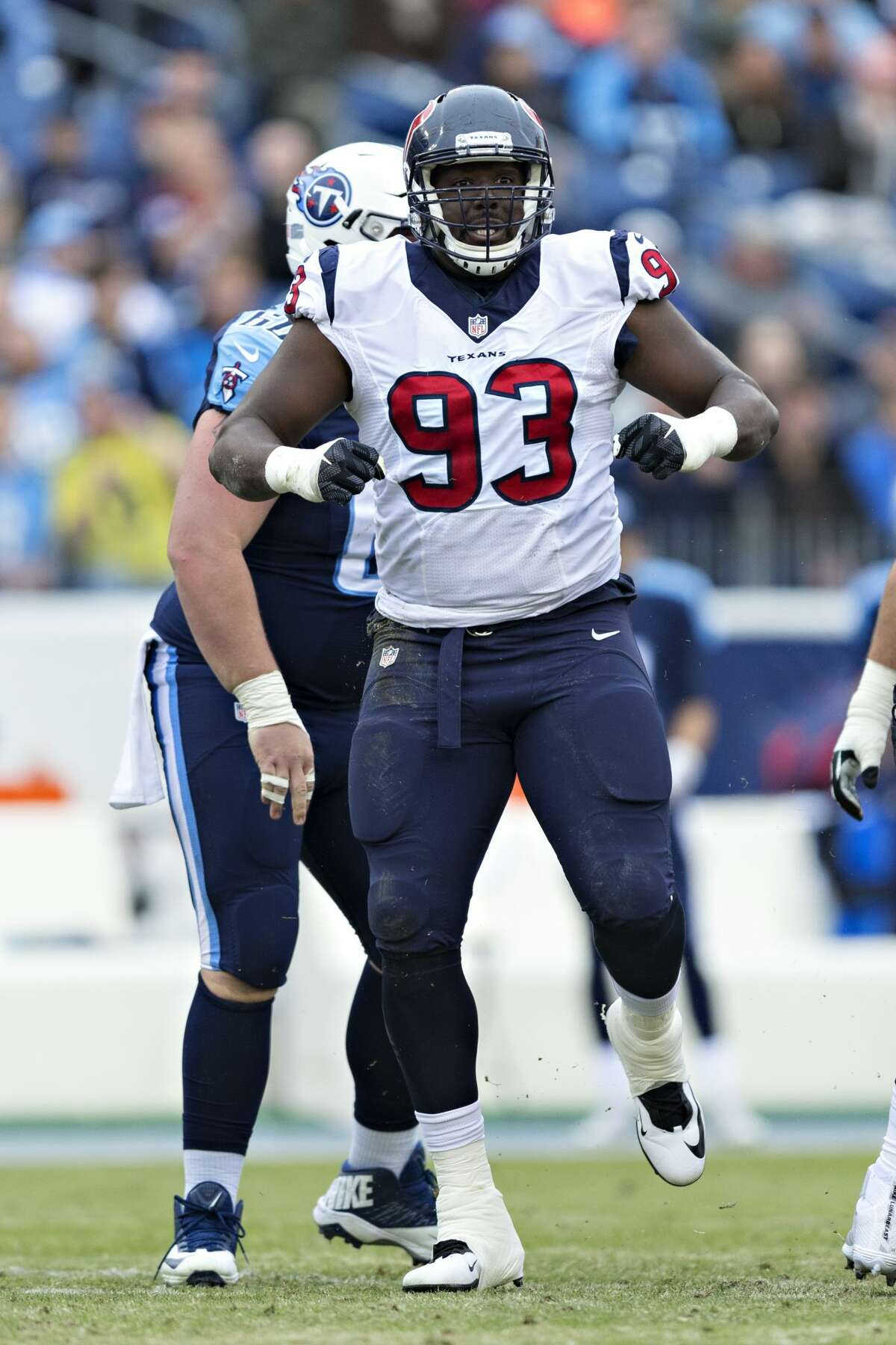 NASHVILLE, TN - JANUARY 1: Joel Heath #93 of the Houston Texans celebrates with a dance after sacking the quarterback during a game against the Tennessee Titans at Nissan Stadium on January 1, 2017 in Nashville, Tennessee. The Titans defeated the Texans 24-17. (Photo by Wesley Hitt/Getty Images)
