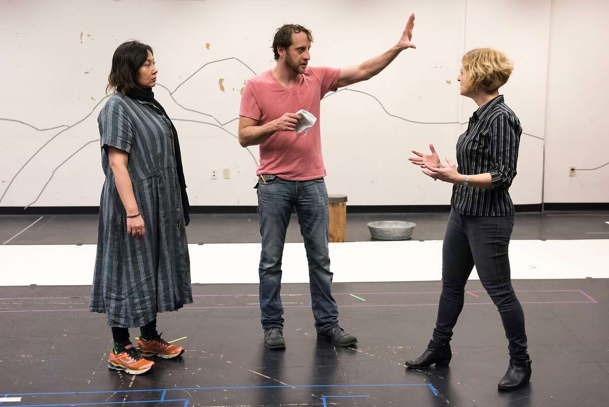 Director Carey Perloff (right) with Kate Rigg (left) and Haysam Kadri (middle) at ACT's rehearsal studio for "A Thousand Splendid Suns."