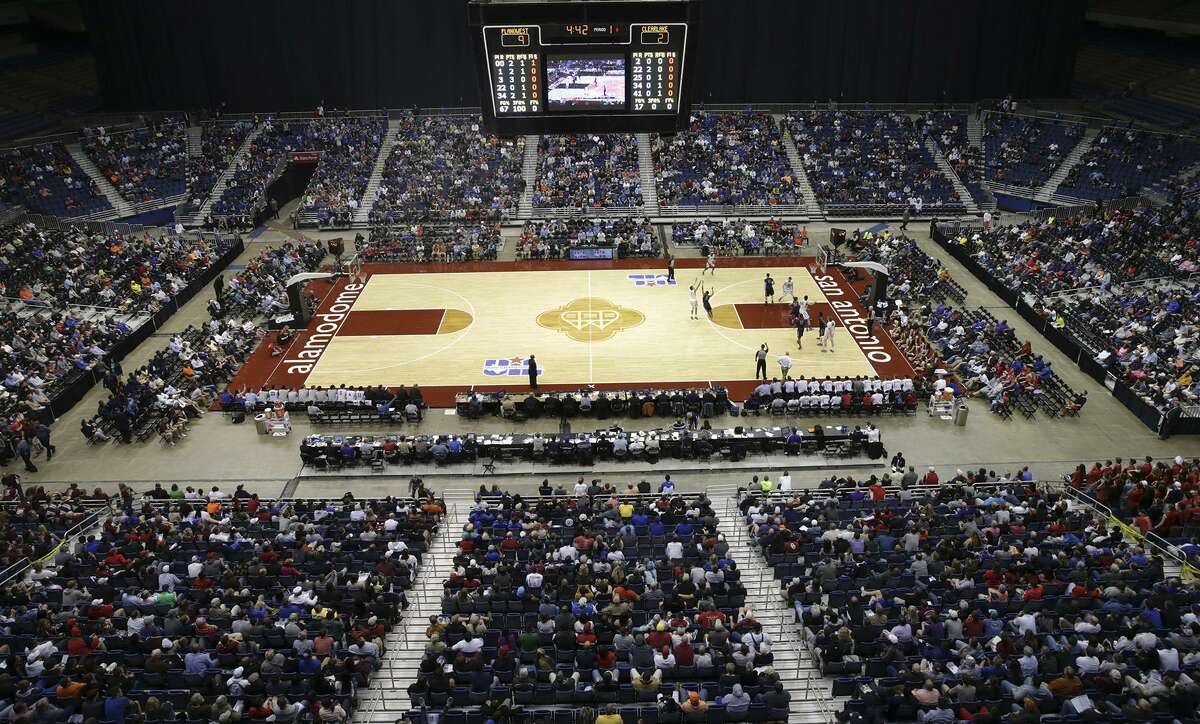 The UIL state basketball tournament floor at the Alamodome in San Antonio on March 14, 2015.