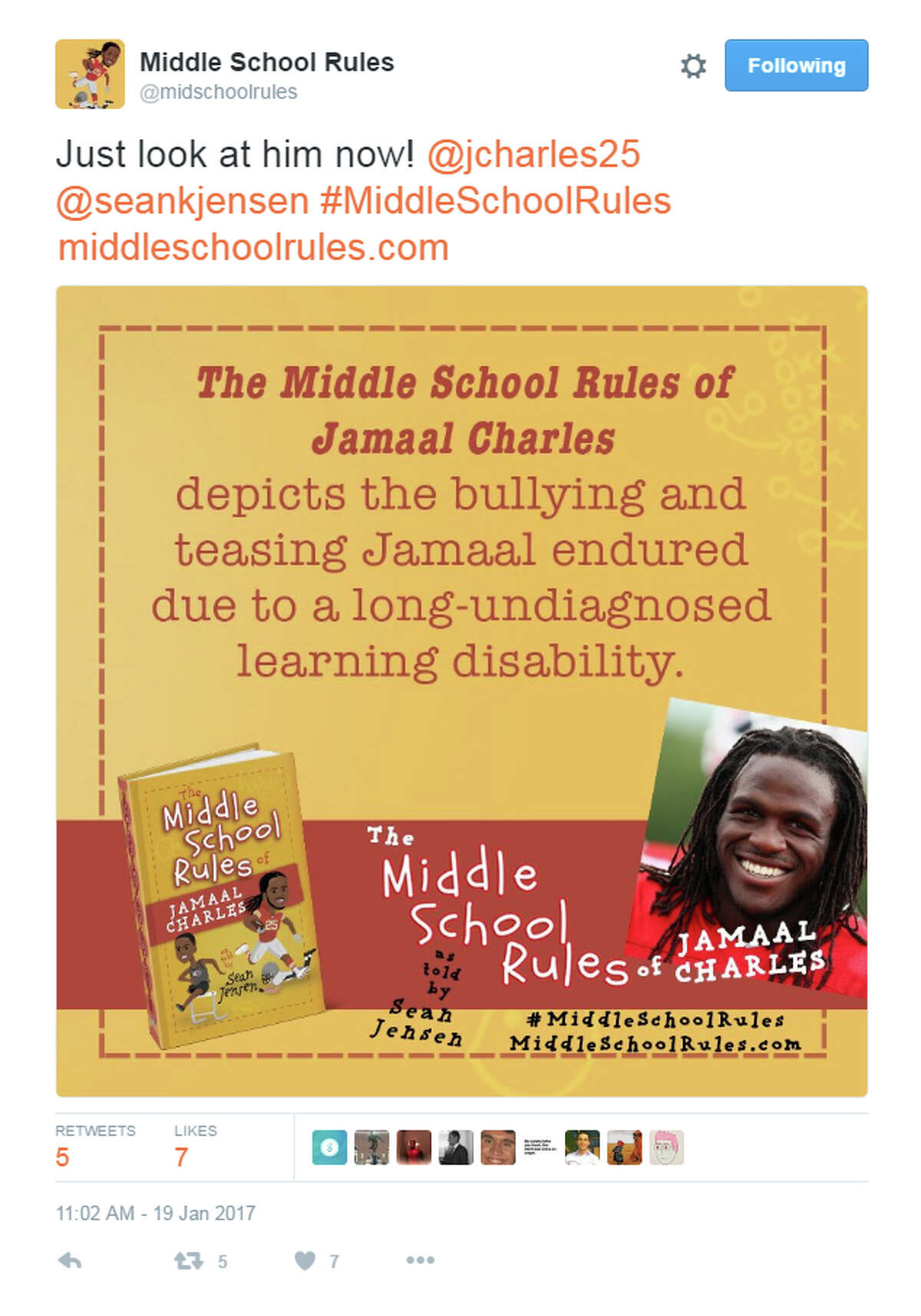 "The Middle School Rules of Jamaal Charles" is one of four books written by author Sean Jensen and features lesson's the Port Arthur Memorial graduate learned by growing up with a learning disability. Three other books in the series feature tales from WNBA star Skylar Diggins, and retired NFL stars Charles Tillman and Brian Urlacher. (Twitter.com/midschoolrules)