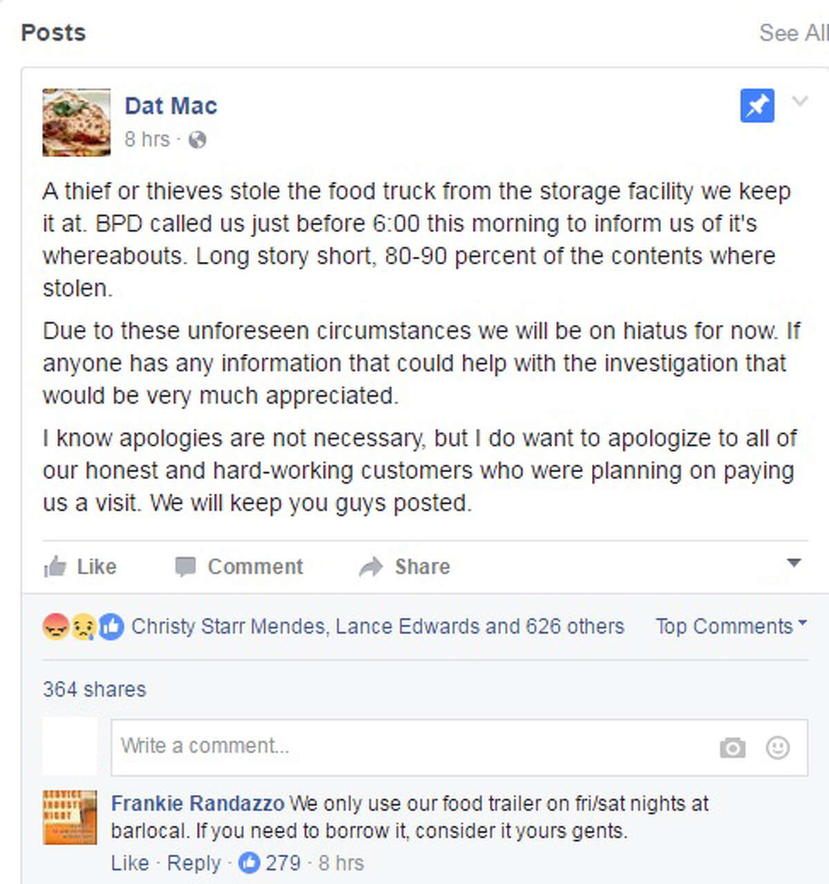 After a Beaumont food truck got robbed on Thursday, local supporters of Dat Mac took to social media expressing their support for the local business.