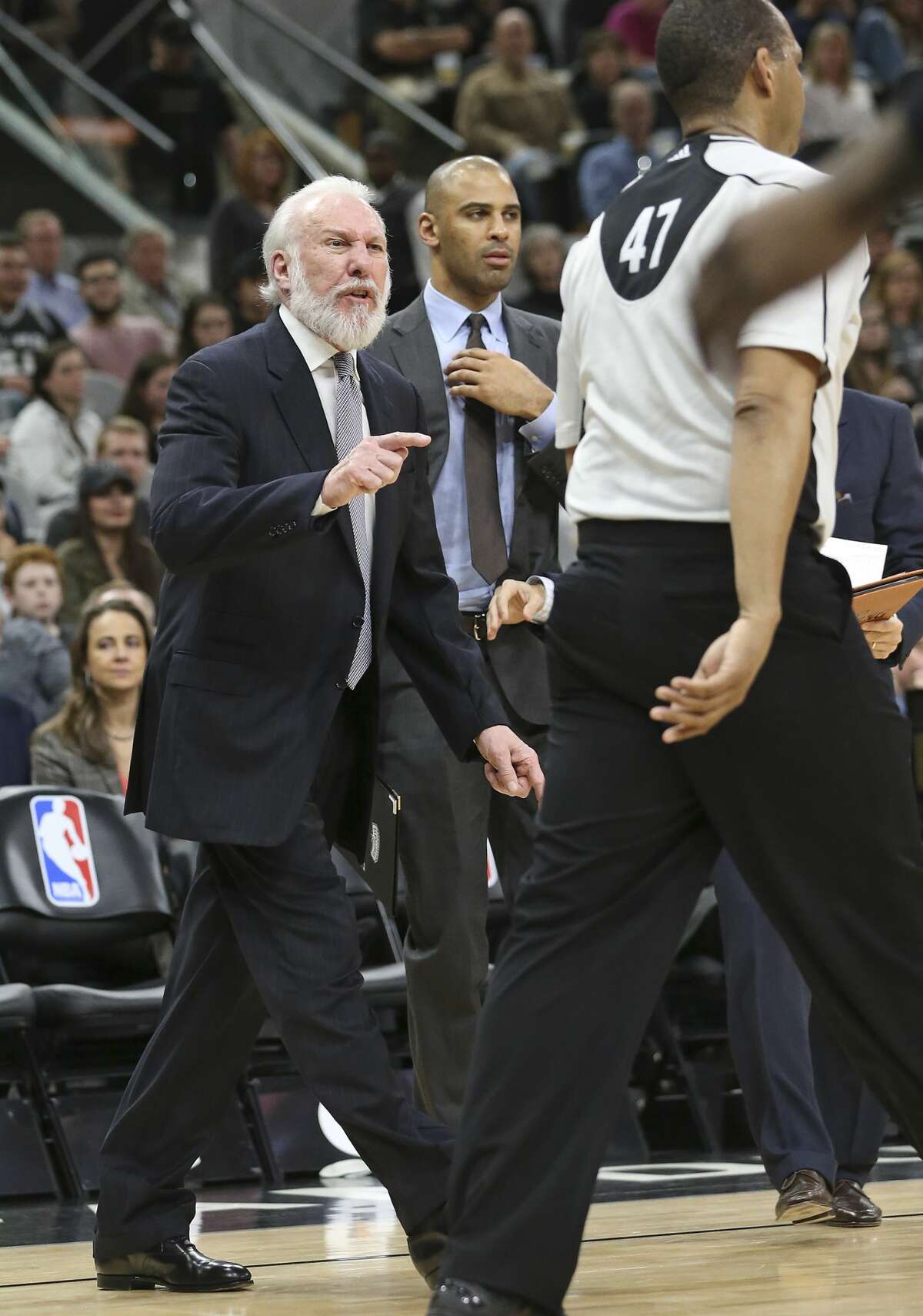 Gregg Popovich goes after referee Bennie Adams and gets ejected from the game as the Spurs host Denver at the AT&T Center on January, 19, 2017.
