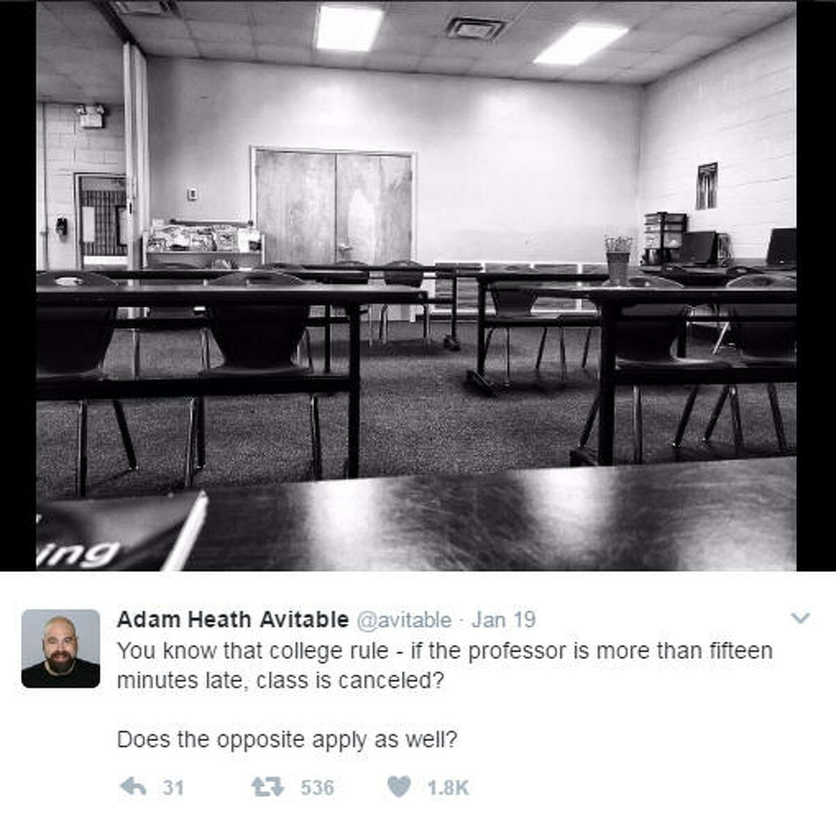 Professor, comedian Adam Heath Avitable live tweeted the painful moments where no students showed up to his class. >>KEEP CLICKING TO SEE THE HILARIOUS MOMENTS UNFOLD. Photo: Adam Heath Avitable Twitter