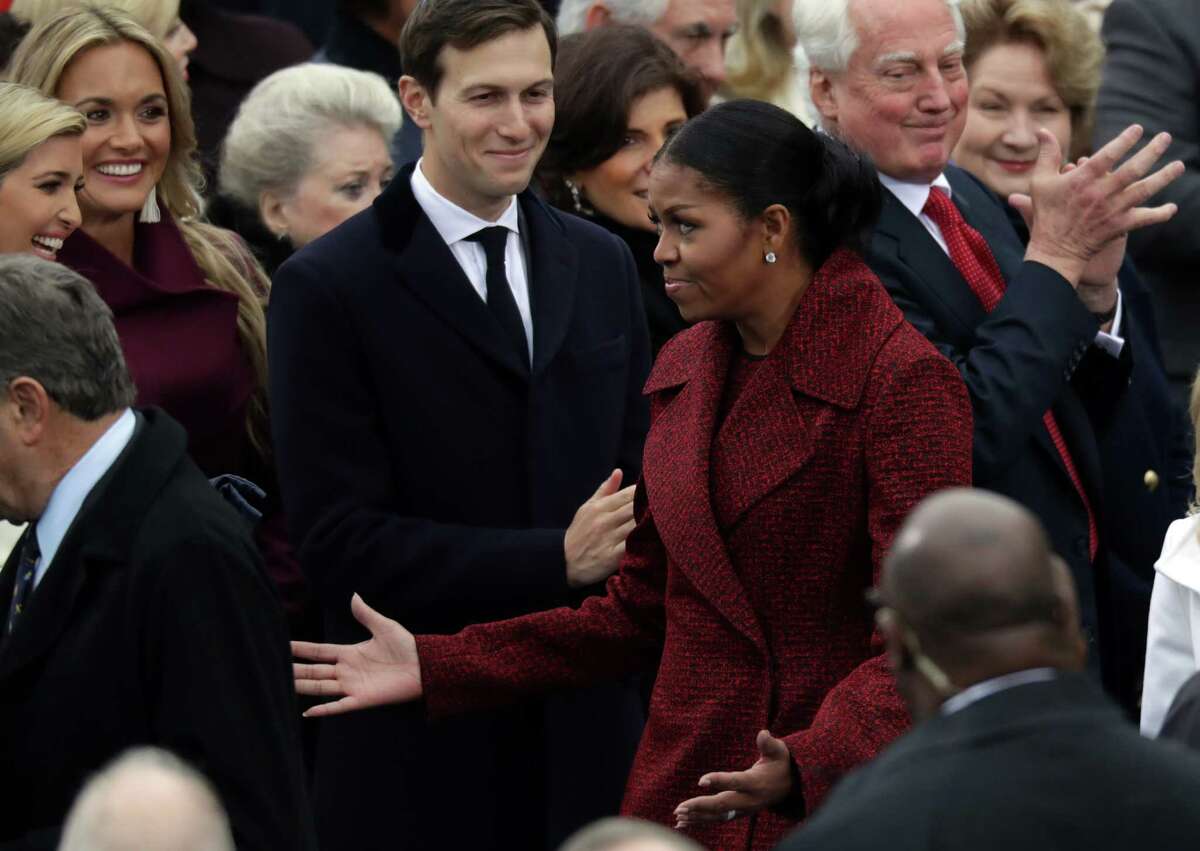 Ivanka Trump, Vanessa Trump, Jared Kushner and first lady Michelle Obama arrive on the West Front of the U.S. Capitol on January 20, 2017 in Washington, DC.