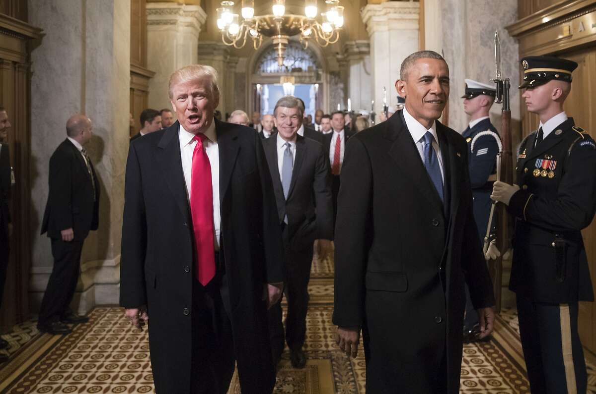 President-elect Donald Trump and President Barack Obama arrive for Trump's inauguration ceremony at the Capitol in Washington, Friday, Jan. 20, 2017. (AP Photo/J. Scott Applewhite, Pool)