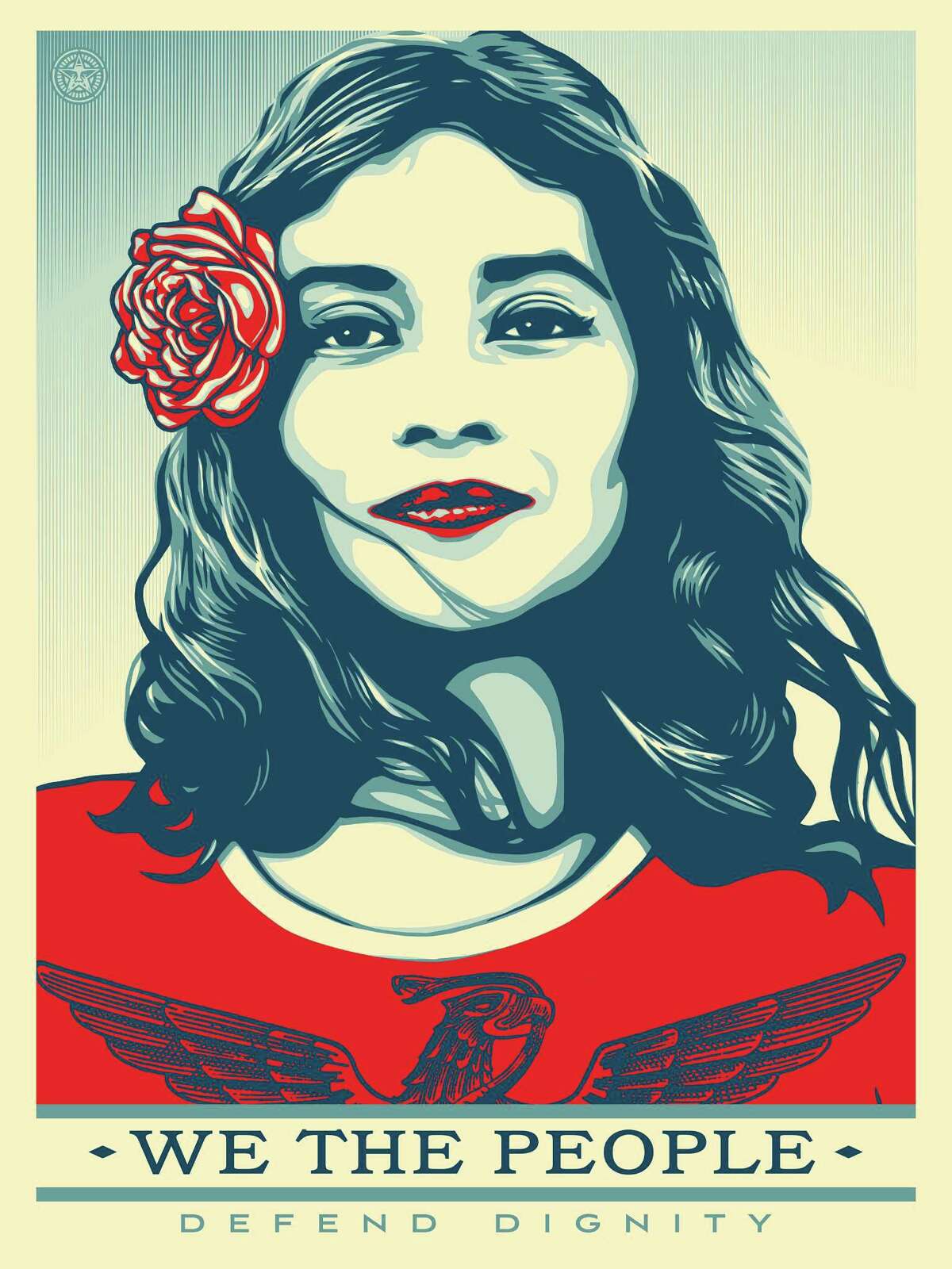 "We the People Defend Dignity," one of three images created by Shepard Fairey for the We the People campaign, is based on a portrait by San Antonio-based photographer Arlene Mejorado.