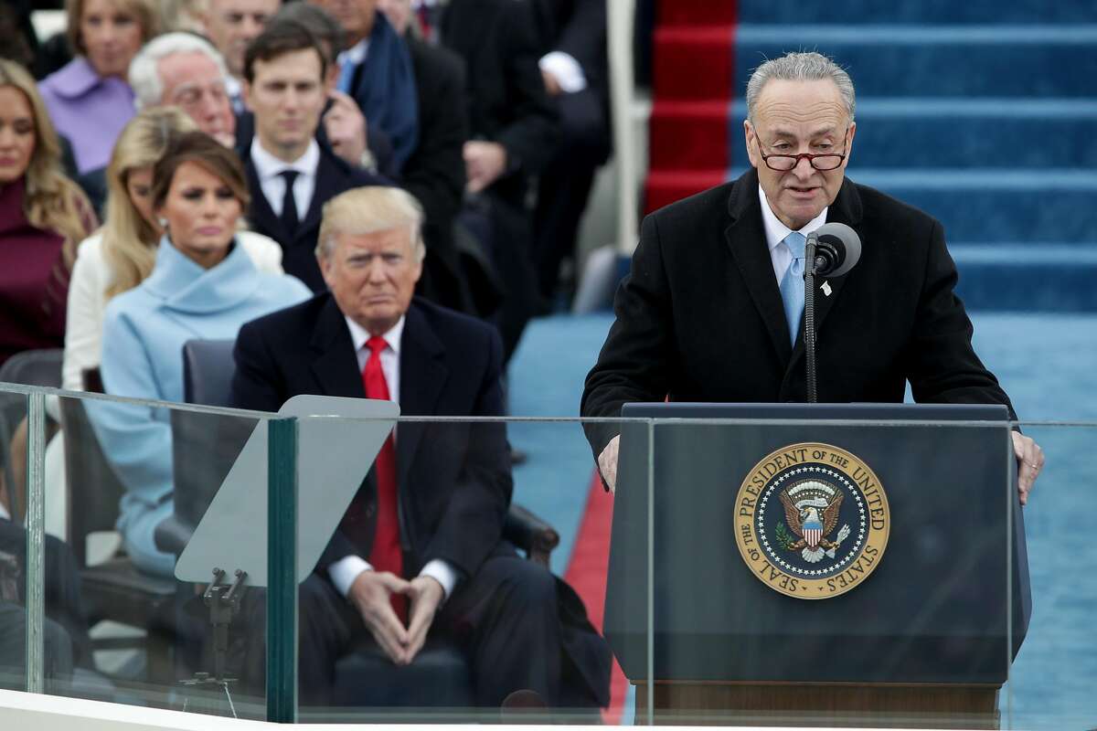 President-Elect Donald Trump listens as Sen. Charles Schumer (D-NY) speaks on the West Front of the U.S. Capitol on January 20, 2017 in Washington, DC. In today's inauguration ceremony Donald J. Trump becomes the 45th president of the United States.