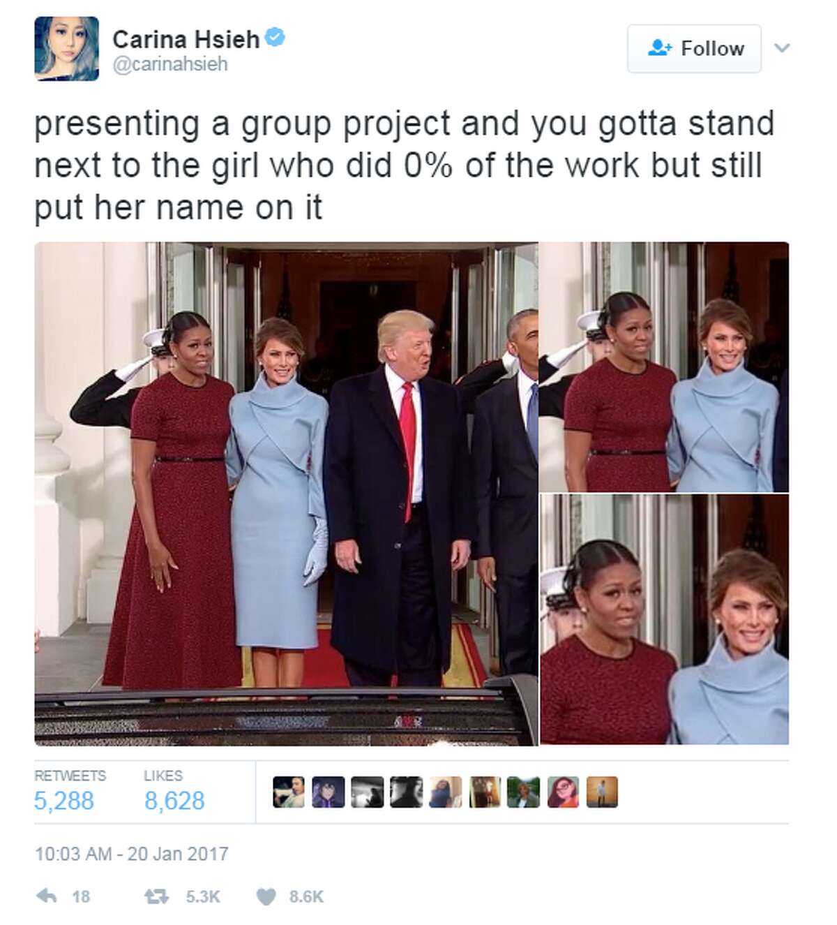 3. Michelle Obama's facial expressions spoke louder than words  @carinahsieh: presenting a group project and you gotta stand next to the girl who did 0% of the work but still put her name on it.
