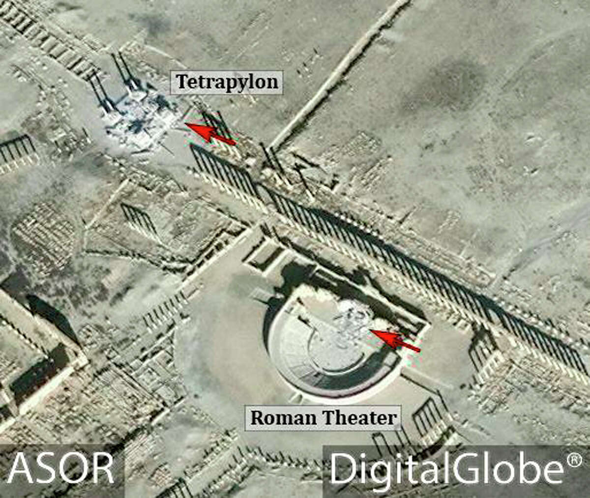 This satellite image released by the American Schools of Oriental Research (ASOR) on Friday, Jan. 20, 2017 as captured by DigitalGlobe shows the Roman theater at the UNESCO World Heritage Site of Palmyra, Syria with red denoting area of new damages on Jan. 10, 2017. Islamic State group militants destroyed a landmark ancient Roman monument and parts of the theater in Syria's historic town of Palmyra, the government and opposition monitoring groups said Friday. (ASOR/ DigitalGlobe via AP)