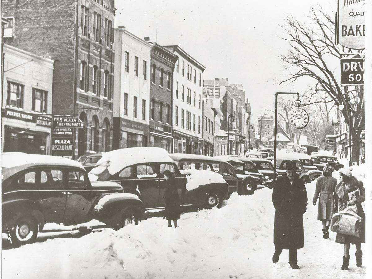 A cold and snow day on Greenwich Avenue in the mid-1900s is one of many historical nods being made during the 100th anniversary party of the Greenwich Chamber of Commerce.